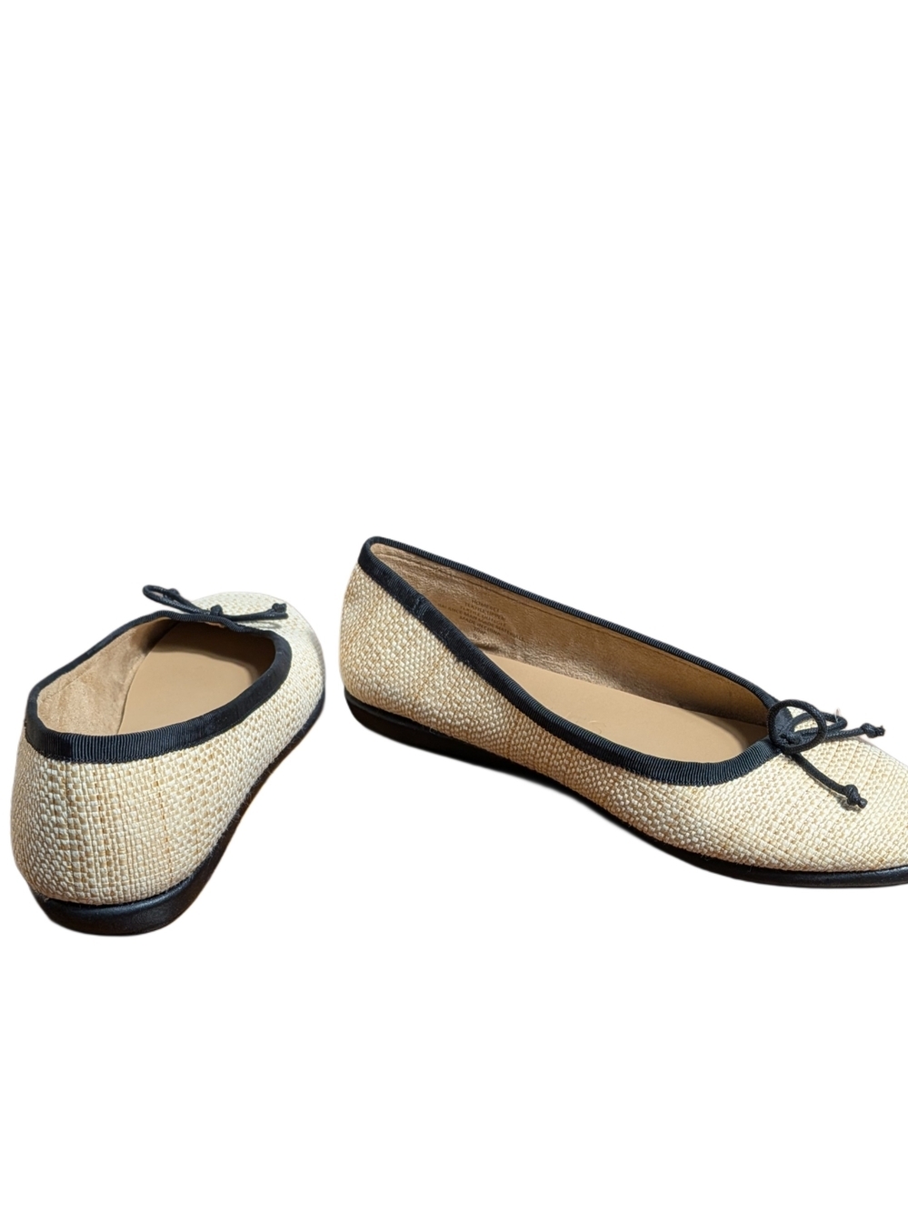 Aerosoles Womens 10W Wide Natural Beige Woven Ballet Flats Black Bow Slip On NWO - Picture 7 of 9
